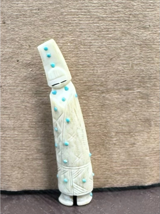 Other - Hand Carved Ivory-Tone Figurine with Turquoise Dot Accents